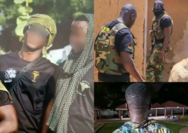 Collage of masked men in tactical gear: left two with head coverings, top-right armed soldiers in camouflage, bottom-right person back-facing in camo shirt at night.