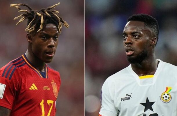 Two football players on a split-screen: left in a red jersey with dreadlocks, right in a white Ghana jersey with a black star and colorful sleeve trim, both looking focused on the field