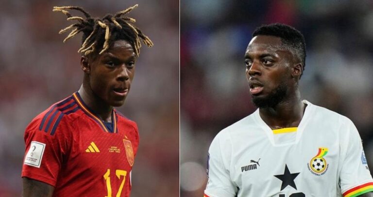 Two football players on a split-screen: left in a red jersey with dreadlocks, right in a white Ghana jersey with a black star and colorful sleeve trim, both looking focused on the field