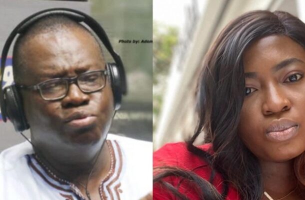 Left panel: man wearing headphones and glasses in a radio studio, focused expression; right panel: woman with long dark hair in a red top posing outdoors.