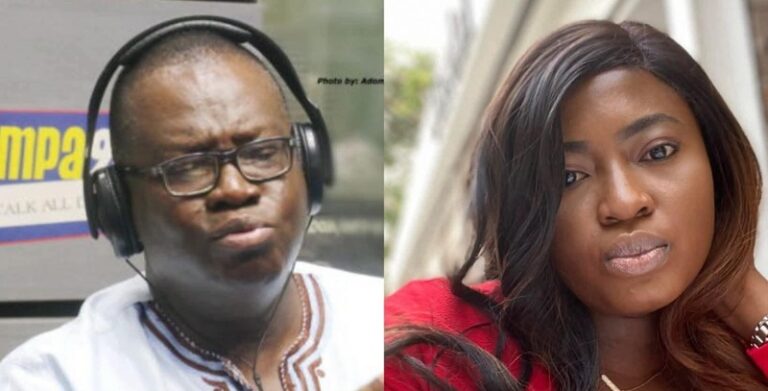 Left panel: man wearing headphones and glasses in a radio studio, focused expression; right panel: woman with long dark hair in a red top posing outdoors.