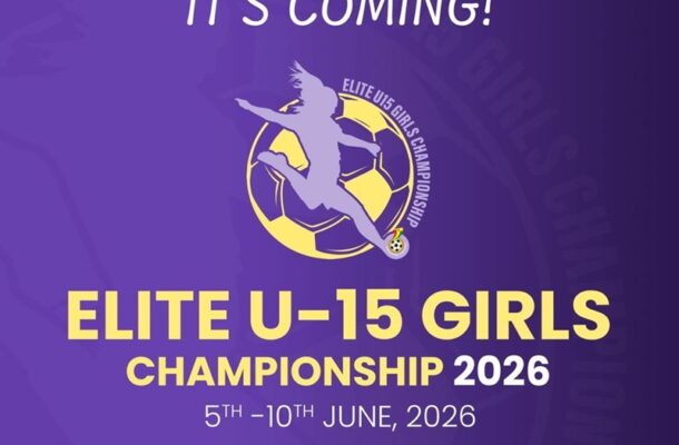 Poster announcing Elite U-15 Girls Championship 2026 with a silhouette of a female soccer player over a yellow ball logo; text reads It's Coming! Elite U-15 Girls Championship 2026, June 5–10, 2026.