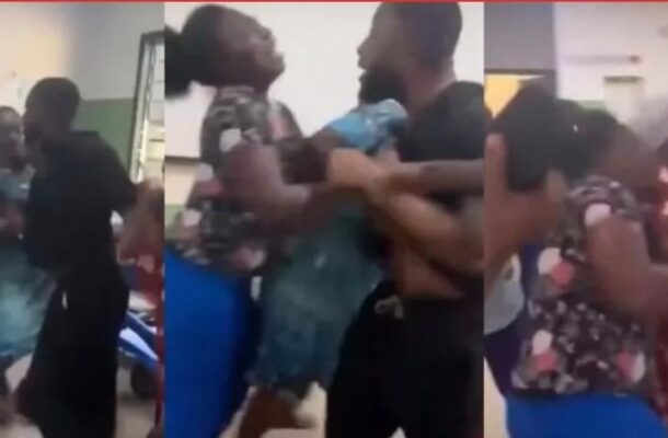 Triptych of people in a room grabbing and pulling at each other in a chaotic scene, likely a physical altercation or rough play.
