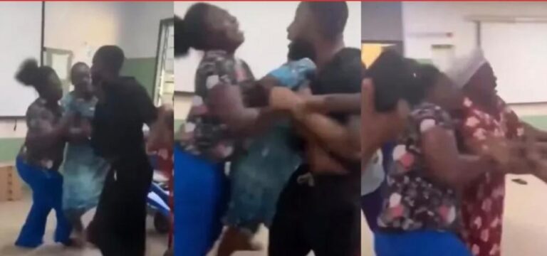 Triptych of people in a room grabbing and pulling at each other in a chaotic scene, likely a physical altercation or rough play.