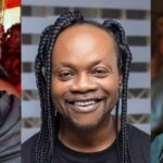 Triptych of three people: left a woman in a black head wrap, center a smiling man with braided hair, right a woman in a black head scarf.