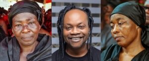 Triptych of three people: left a woman in a black head wrap, center a smiling man with braided hair, right a woman in a black head scarf.