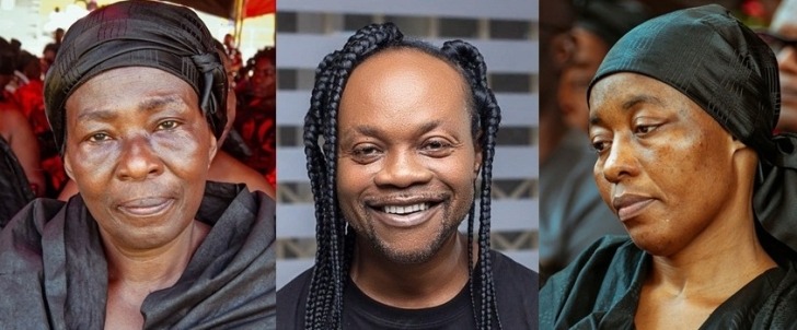Triptych of three people: left a woman in a black head wrap, center a smiling man with braided hair, right a woman in a black head scarf.