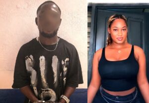 Split image: left a man with a blurred face in a black graphic T‑shirt and handcuffs; right a woman in a black tank top standing by a doorway.