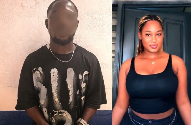 Split image: left a man with a blurred face in a black graphic T‑shirt and handcuffs; right a woman in a black tank top standing by a doorway.
