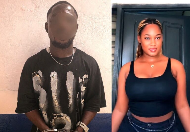 Split image: left a man with a blurred face in a black graphic T‑shirt and handcuffs; right a woman in a black tank top standing by a doorway.