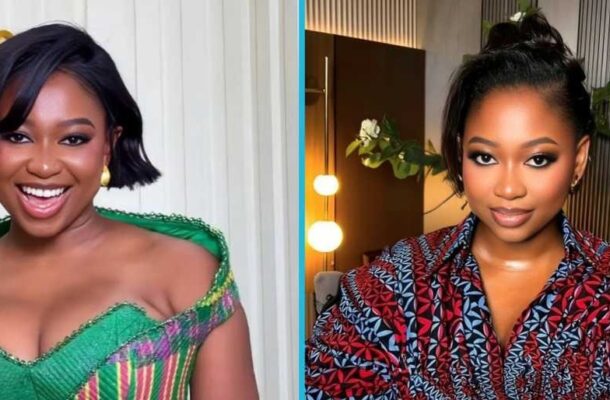 Split-screen image of two women smiling: left in a bright green off-the-shoulder dress, right in a red-and-blue patterned blouse, photographed indoors with decorative lighting in the background.
