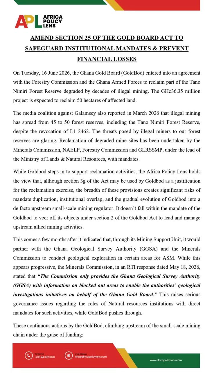 Policy memo page from Africa Policy Lens about amending the Gold Board Act to safeguard mandates and prevent financial losses, with a bold header and dense body text.