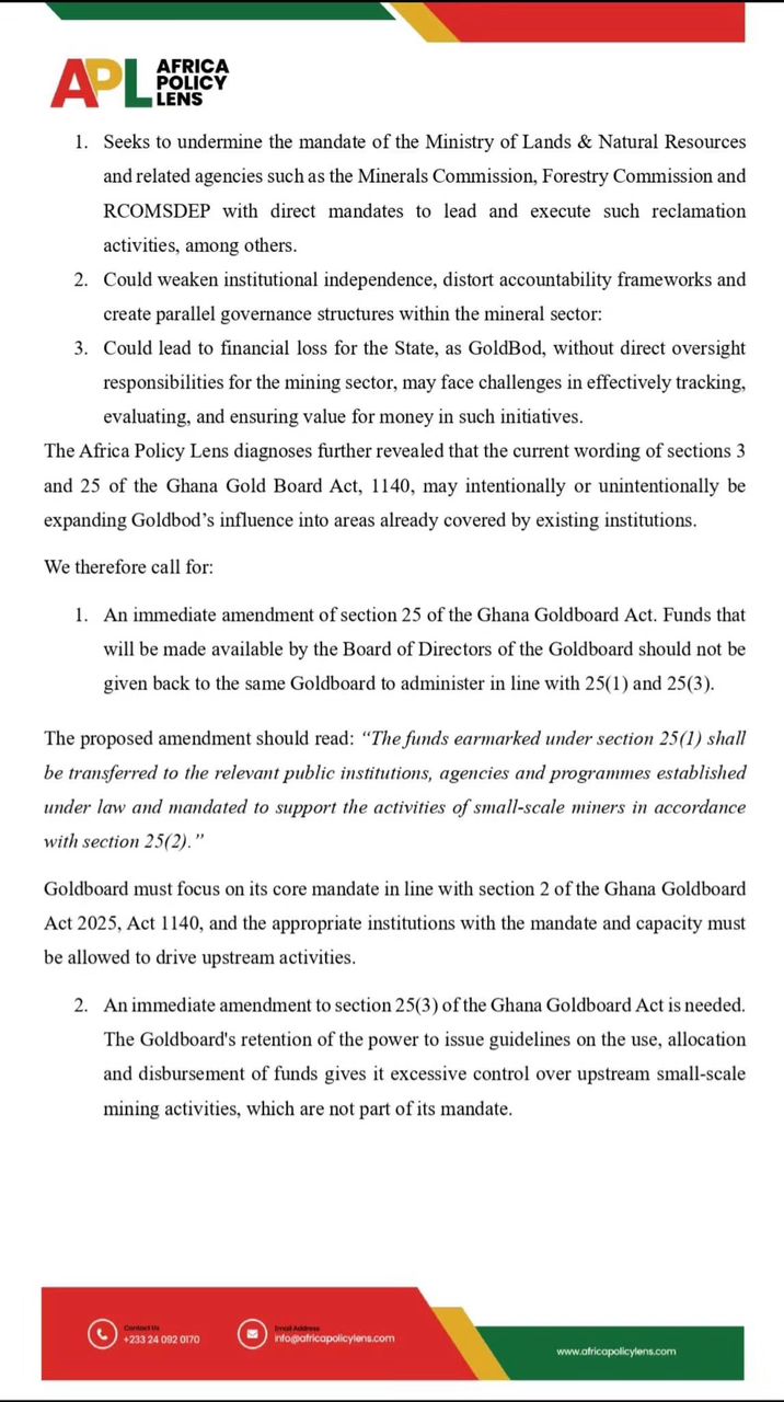 Formal document page from Africa Policy Lens with logo at top left and a numbered list detailing proposed amendments to the Ghana Goldboard Act, ending with a red footer bar mentioning contact info.