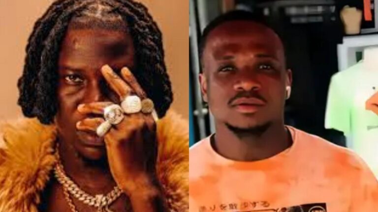 Two men side by side; left: rapper with dreadlocks, oversized rings, and fur coat covering one eye; right: man in a peach tie-dye shirt looking at the camera.