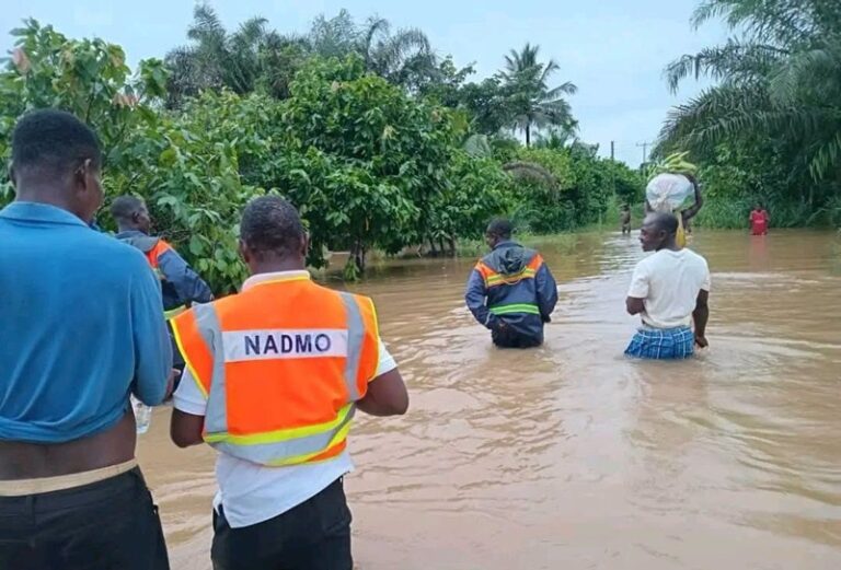 Group of people wading through waist-deep floodwater; one wears an orange NADMO vest, others in safety gear, with trees in the background.