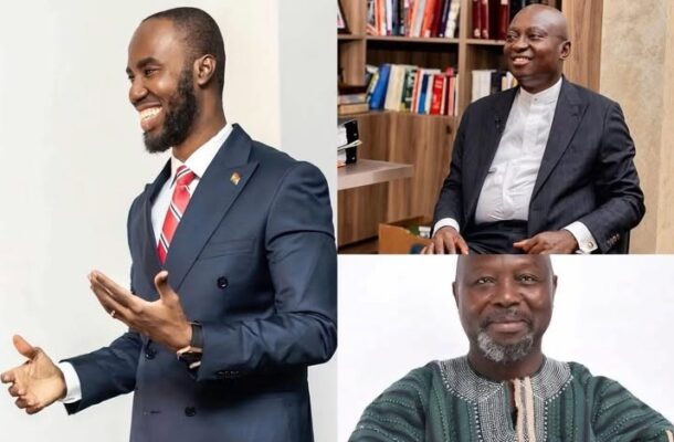 Collage of three smiling men: left a gesturing speaker in a navy suit, top right a man in a suit seated by a bookshelf, bottom right a man in a green traditional shirt.