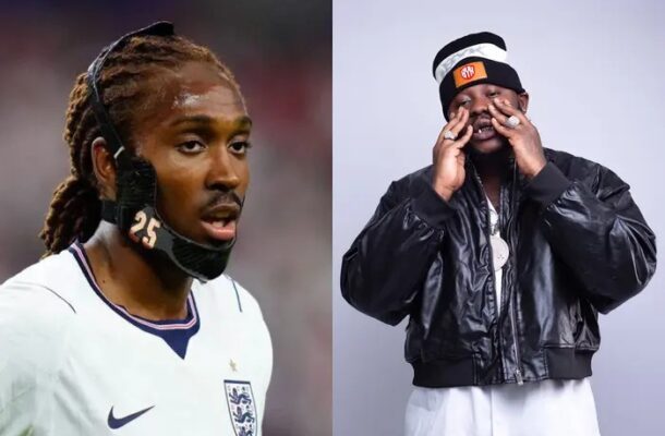 Side-by-side: left a soccer player in England kit with a chin-strap mask; right a man in a bomber jacket and beanie making eye gestures.