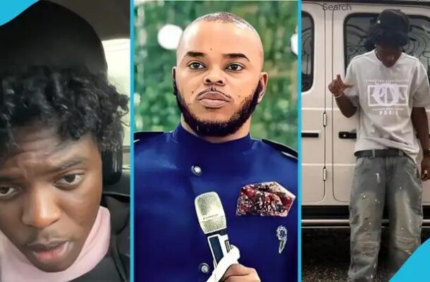 Three-panel collage: left man in a car looking at the camera, center man in a blue suit speaking into a microphone, right man leaning against a white van in casual clothes.