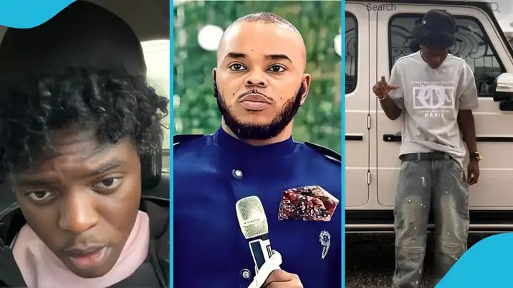 Three-panel collage: left man in a car looking at the camera, center man in a blue suit speaking into a microphone, right man leaning against a white van in casual clothes.