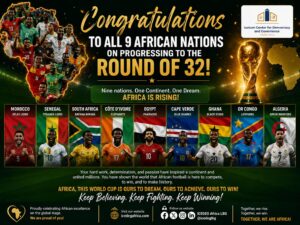 Banner celebrating nine African nations advancing to the World Cup Round of 32, with players and national flags around a trophy on the right.