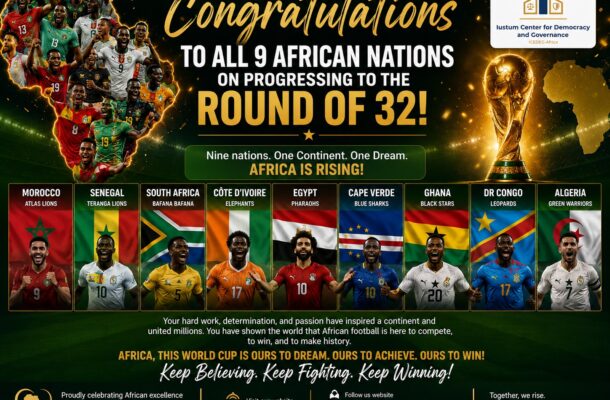 Banner celebrating nine African nations advancing to the World Cup Round of 32, with players and national flags around a trophy on the right.
