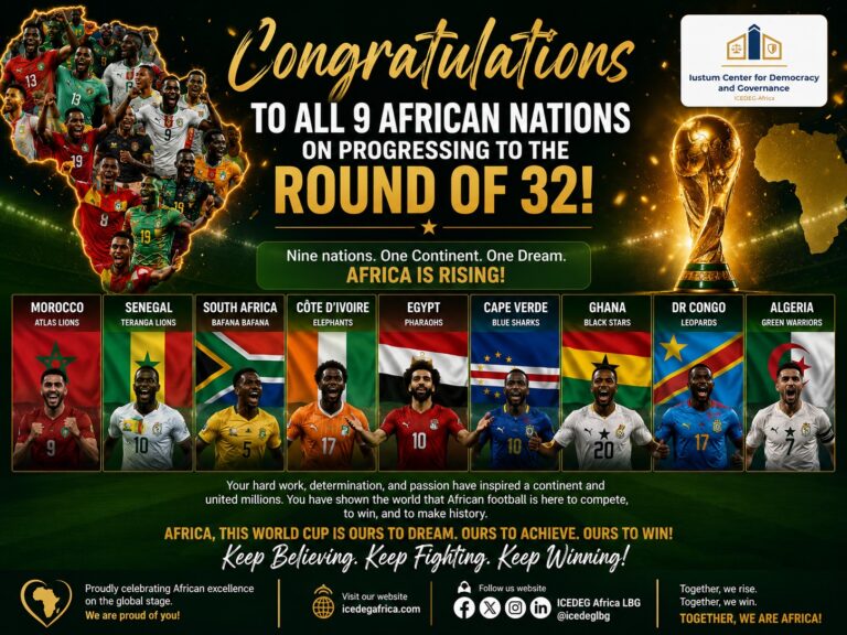 Banner celebrating nine African nations advancing to the World Cup Round of 32, with players and national flags around a trophy on the right.