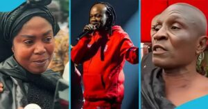 Three-panel collage: left, a woman wearing a black hijab speaks to reporters; center, a male rapper in a red tracksuit performs on stage holding a microphone; right, a bald man in gray clothing looks upward.