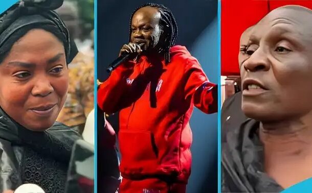 Three-panel collage: left, a woman wearing a black hijab speaks to reporters; center, a male rapper in a red tracksuit performs on stage holding a microphone; right, a bald man in gray clothing looks upward.