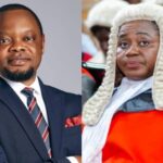 Split image of a man in a navy suit and striped tie on the left, and a woman in a white judge's wig and red robe on the right.