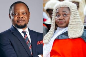 Split image of a man in a navy suit and striped tie on the left, and a woman in a white judge's wig and red robe on the right.