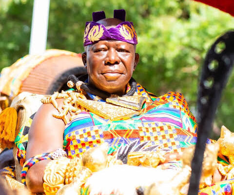 Man in vibrant traditional attire seated outdoors, wearing a purple headband and ornate jewelry, participating in a cultural ceremony.