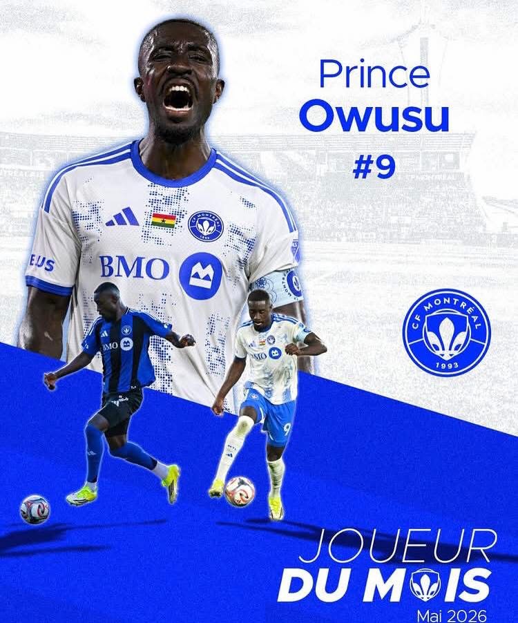 Promotional poster: CF Montreal player Prince Owusu #9 in white kit, with 'Joueur du Mois Mai 2026' text and crest nearby.