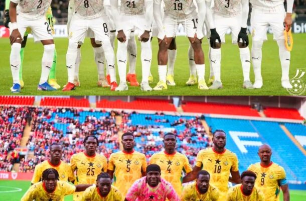 IMG_0870 | Ghanaguardian.com Soccer players in white uniforms form a lineup on the field before a match, with one team standing behind the other in yellow kits for a group photo.