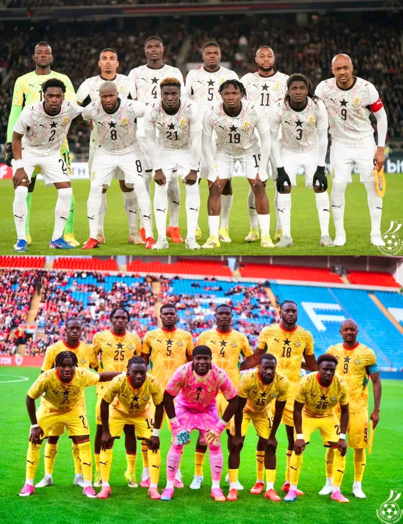 Soccer players in white uniforms form a lineup on the field before a match, with one team standing behind the other in yellow kits for a group photo.