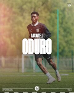 Soccer player Maxwell Oduro training on a green field, with bold 'ODURO' text overlay and club crest in the foreground.