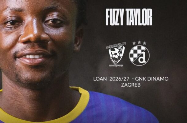 Portrait of a footballer in a purple jersey with a yellow collar; text reads FUZY TAYLOR and loan details to GNK DINAMO ZAGREB 2026/27.