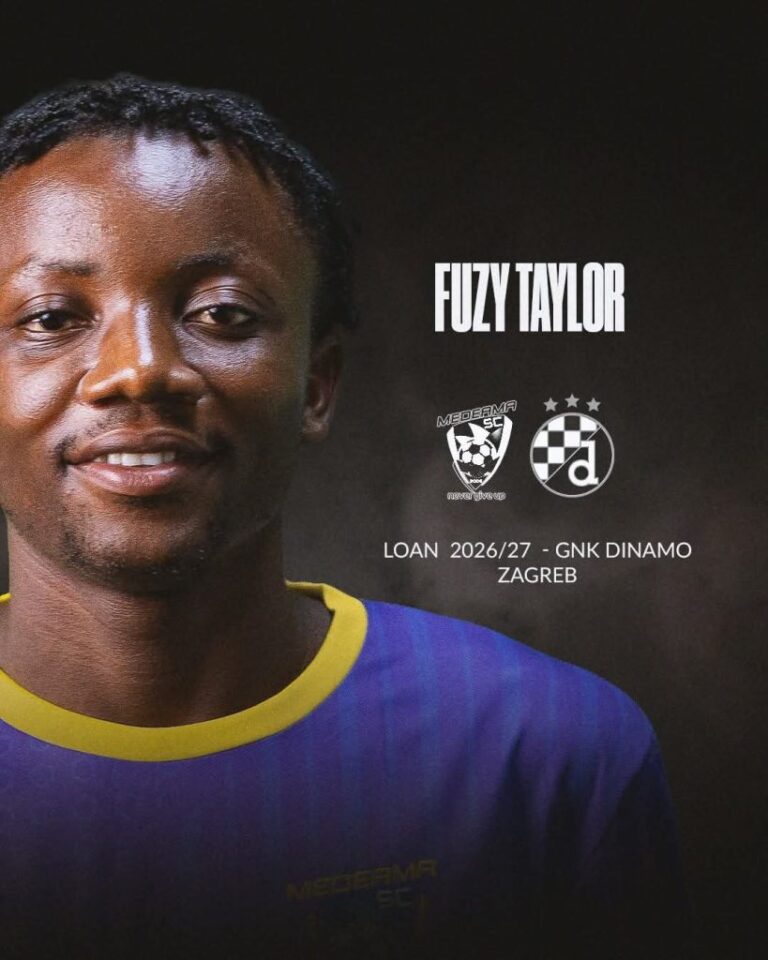 Portrait of a footballer in a purple jersey with a yellow collar; text reads FUZY TAYLOR and loan details to GNK DINAMO ZAGREB 2026/27.