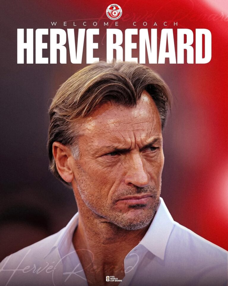 Close-up of a man in a white shirt on a red poster with bold white text and a small circular logo above.