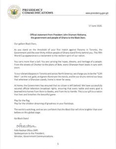 IMG_0964 | Ghanaguardian.com Official statement from Ghana's Presidency about the Black Stars, dated 17 June 2026, on government letterhead with signature at bottom.