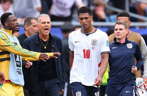 IMG_1052 | Ghanaguardian.com England soccer players on the field with a coach shouting at a player in a white England jersey numbered 10 nearby.