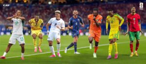 Group of diverse soccer players in colorful uniforms celebrating on a green field during a game banner.