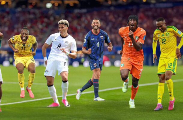 Group of diverse soccer players in colorful uniforms celebrating on a green field during a game banner.