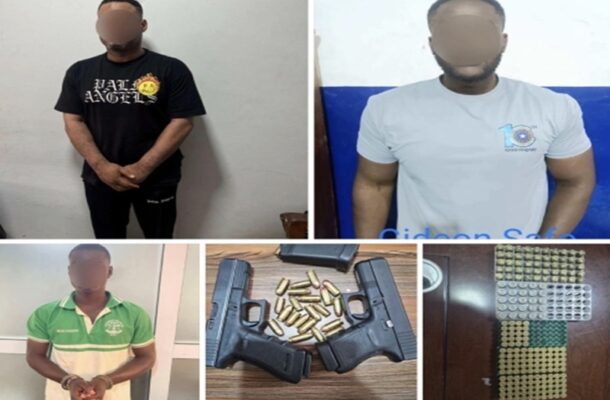 Collage showing three men with blurred faces, a handgun with magazines and loose bullets, and blister-pack pills on a table.