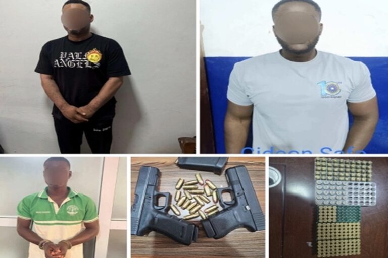 Collage showing three men with blurred faces, a handgun with magazines and loose bullets, and blister-pack pills on a table.