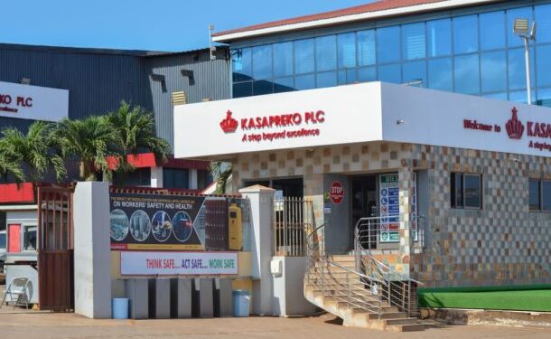 Kasapreko | Ghanaguardian.com Kasapreko PLC storefront with bright sign and steps leading to entrance in a sunny lot