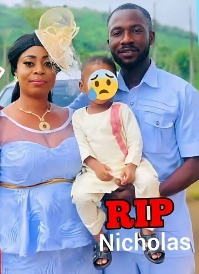 A couple holds their child; a sad emoji covers the child's face with 'RIP Nicholas' text, indicating a memorial.