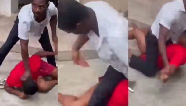 Nyinahini-696x348 | Ghanaguardian.com Three-frame sequence of a man in a white shirt pinning a man in a red shirt to the sidewalk during a struggle.