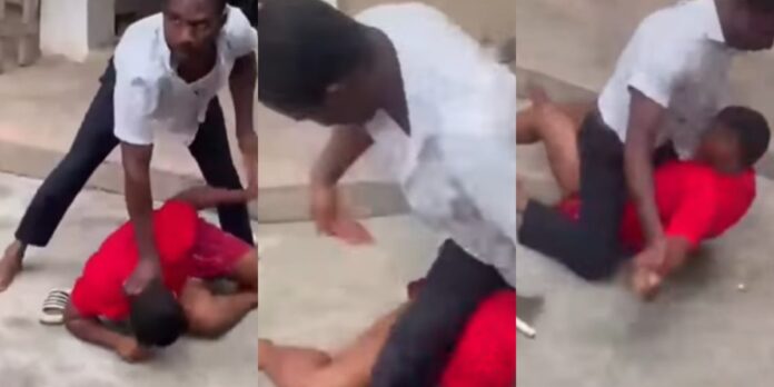 Three-frame sequence of a man in a white shirt pinning a man in a red shirt to the sidewalk during a struggle.