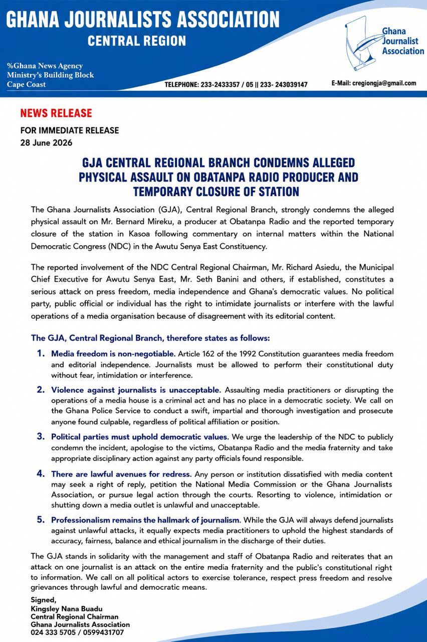 GJA Central Region news release document with blue header and Ghana Journalists Association logo, dated 28 June 2026, condemning assault on Obatanpa Radio producer; body text and signatures visible.