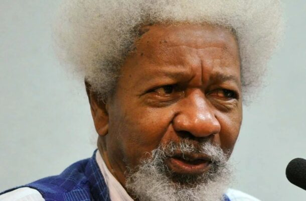 Prof-Wole-Soyinka | Ghanaguardian.com Close-up of an elderly Black man with a white afro and beard speaking into a microphone, wearing a blue vest.